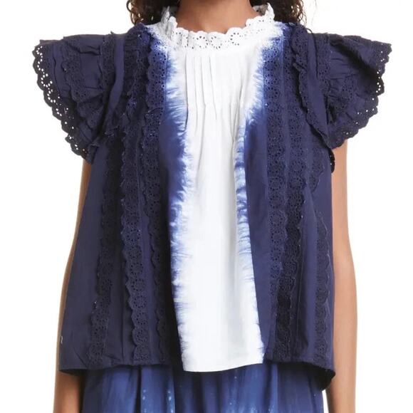 Sea New York Tops - Sea New York Evelyn Eyelet Ruffle Tie Dye Blouse Blue White Size XS